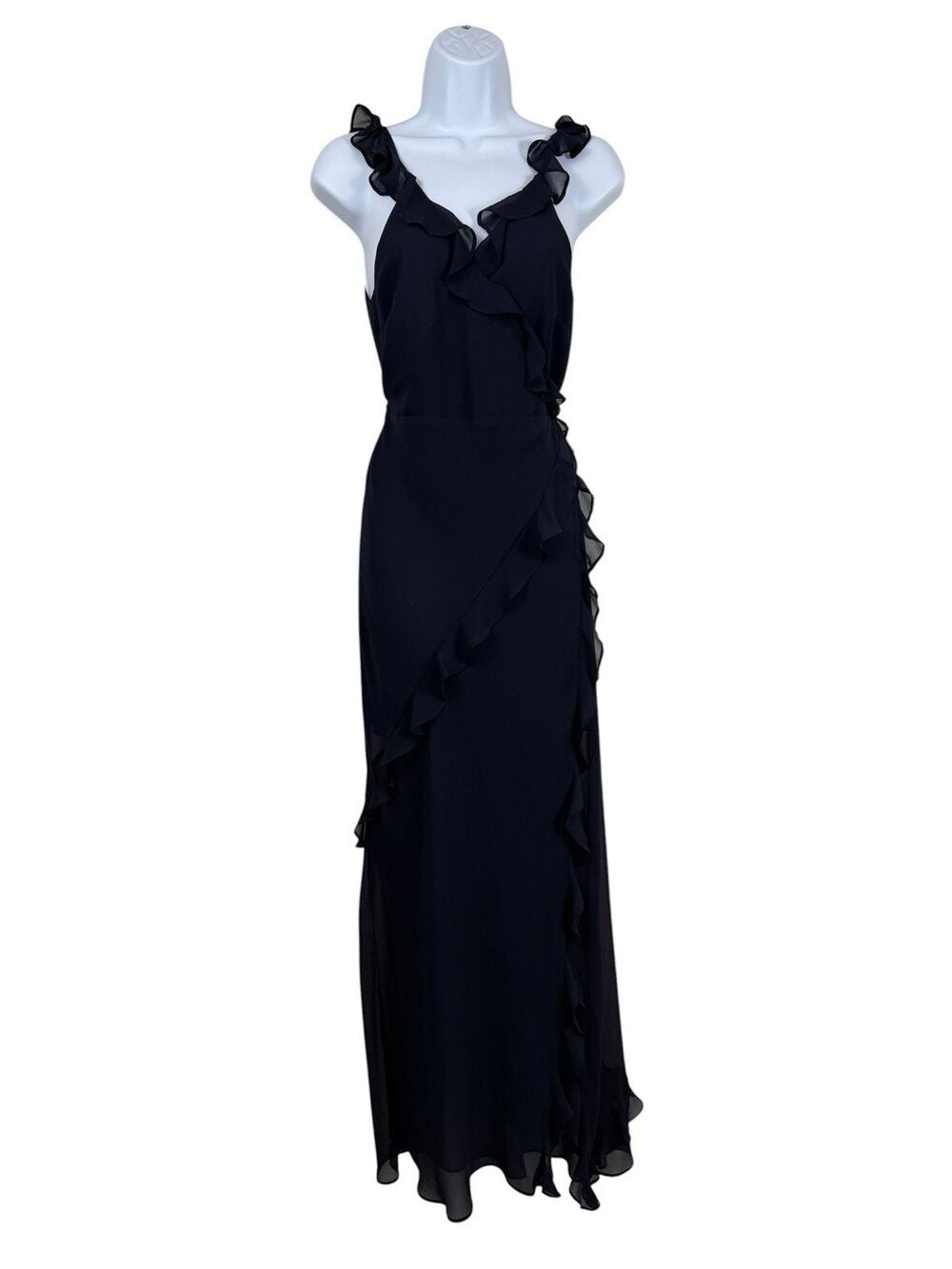 Rumored Dress Womens Large Navy Sheer Wrap Ruffle Maxi Formal Wedding Guest